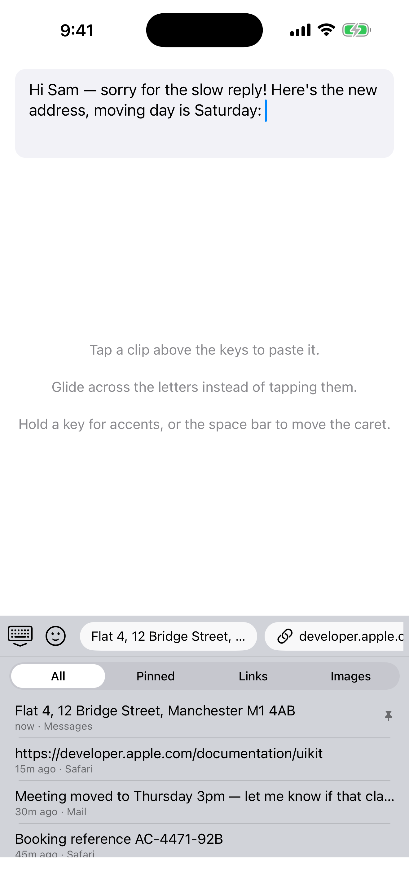 UniClip on iPhone showing the full clipboard history in place of the keyboard, each item labelled with the app it came from.