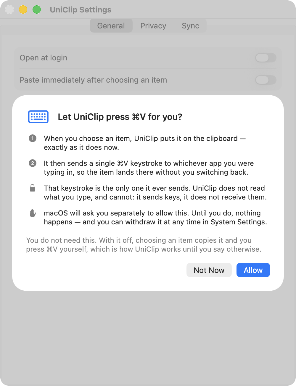 UniClip Settings on macOS with a sheet titled “Let UniClip press ⌘V for you?”, listing what the feature does, that it is the only keystroke sent, that UniClip cannot read what you type, and that macOS will ask separately. The buttons read Not Now and Allow.